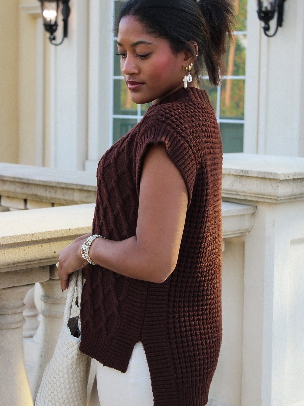 DEAR JOHN Chocolate Brown Cable Knit Short-Sleeve Sweater Oversized Large - Picture 7 of 13